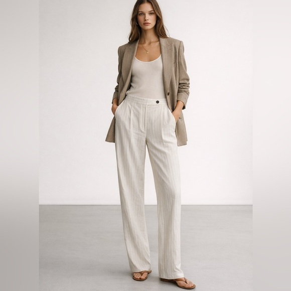 Massimo Dutti Pants - Massimo Dutti white linen pin stripe wide leg linen trousers. Size 4